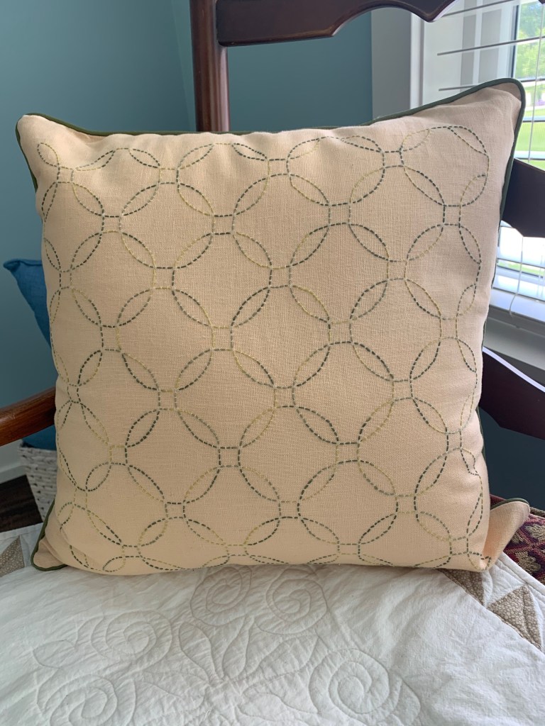 Bridget: Sashiko pillow--I've always wanted to try this form of quilting...this was such fun!  It uses fabric from my mother's collection of Asian prints for the reverse side of the pillow.  